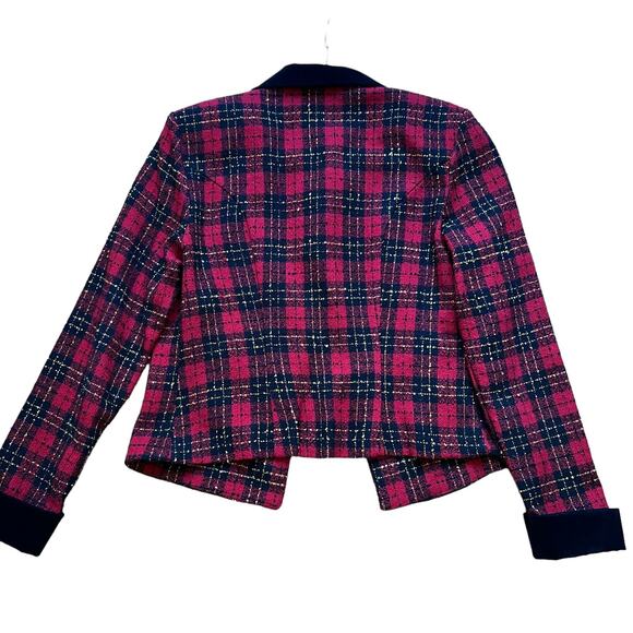 Vintage 90s Brioche Red Plaid Velvet Trim Double Breasted Textured Jacket M - Picture 3 of 6